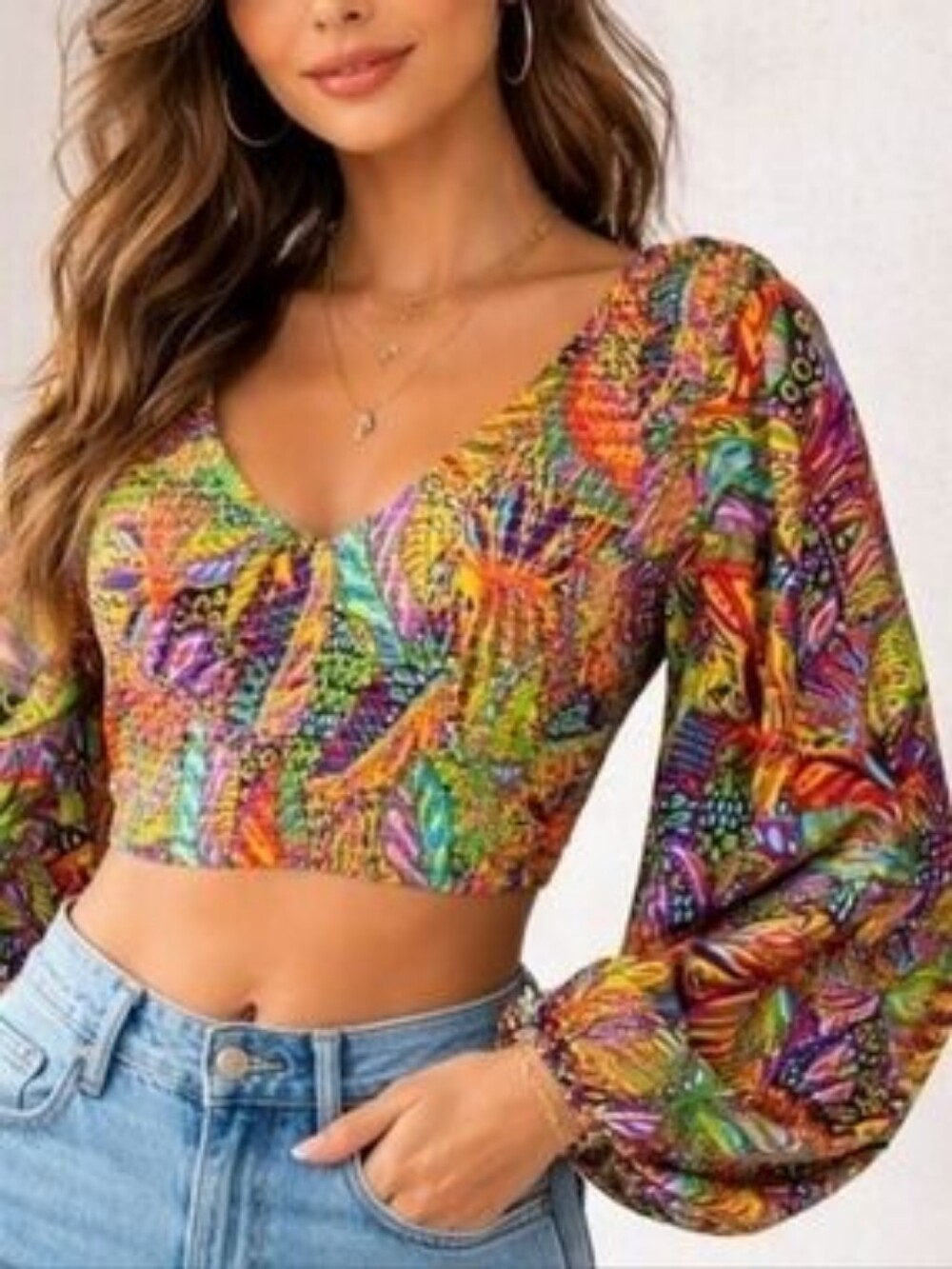 Live 4 Truth Colorful Multi-Print Smocked Balloon Sleeve Crop Top Size Large